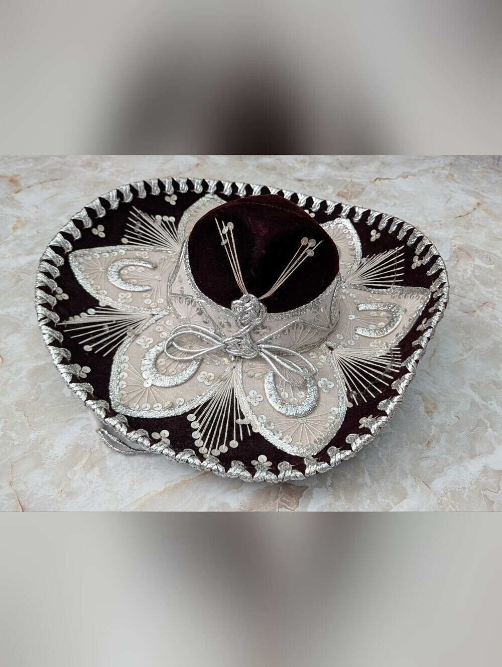 Hecho En Mexico Velvet Sombrero Hat  in Burgundy with Silver Trim
